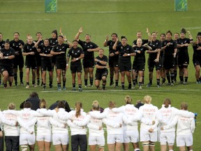 New Zealand's team perform the Haka during the 2017 Women's World Cup Final between England and New Zealand at the Kingspan Stadium, Belfast, Northern Ireland, Saturday, Aug. 26, 2017. (Donall Farmer/PA via AP)