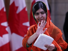 Nobel Peace Prize winner Malala Yousafzai leaves Parliament after receiving an honorary Canadian citizenship on April 12, 2017. Yousafzai has been accepted to Oxford University, she announced Aug. 17.