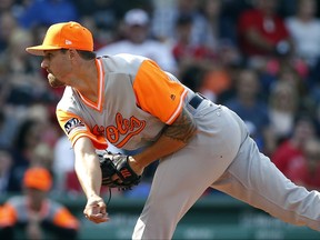 Baltimore Orioles' Kevin Gausman pitches during the first inning of a baseball game against the Boston Red Sox in Boston, Saturday, Aug. 26, 2017. (AP Photo/Michael Dwyer)