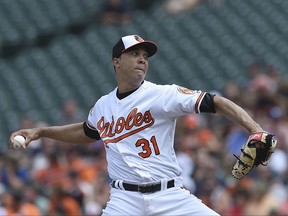 Baltimore Orioles' pitcher Ubaldo Jimenez throws against the Detroit Tigers in the first inning of a baseball game, Sunday, Aug. 6, 2017, in Baltimore. (AP Photo/Gail Burton)