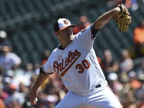 Baltimore Orioles Chris Tillman throws against the Los Angeles Angels in the first inning of a baseball game, Sunday, Aug. 20, 2017, in Baltimore. (AP Photo/Gail Burton)
