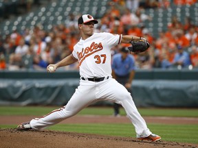 Baltimore Orioles starting pitcher Dylan Bundy throws to the Kansas City Royals in the first inning of a baseball game in Baltimore, Tuesday, Aug. 1, 2017. (AP Photo/Patrick Semansky)