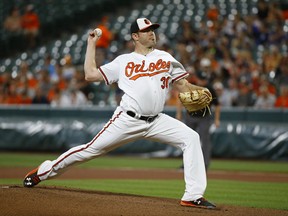 Baltimore Orioles starting pitcher Chris Tillman throws to the Detroit Tigers in the first inning of a baseball game in Baltimore, Thursday, Aug. 3, 2017. (AP Photo/Patrick Semansky)