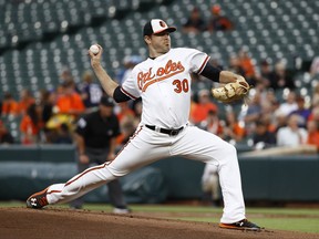 Baltimore Orioles starting pitcher Chris Tillman throws to the Seattle Mariners in the first inning of a baseball game in Baltimore, Monday, Aug. 28, 2017. (AP Photo/Patrick Semansky)