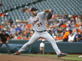 Detroit Tigers starting pitcher Justin Verlander throws to the Baltimore Orioles in the first inning of a baseball game in Baltimore, Friday, Aug. 4, 2017. (AP Photo/Patrick Semansky)