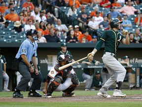 Oakland Athletics' Matt Joyce, right, hits a sacrifice fly ball in front of Baltimore Orioles catcher Welington Castillo and home plate umpire Angel Hernandez in the ninth inning of a baseball game in Baltimore, Wednesday, Aug. 23, 2017. Boog Powell scored on the play to tie the game. Baltimore won 8-7 in 12 innings. (AP Photo/Patrick Semansky)