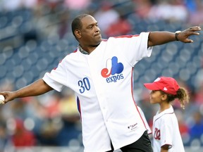 Tim Raines throws the first pitch at a Washington Nationals game on Aug. 28.
