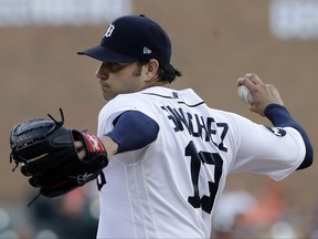 Detroit Tigers starting pitcher Anibal Sanchez throws during the first inning of the team's baseball game against the Minnesota Twins, Friday, Aug. 11, 2017, in Detroit. (AP Photo/Carlos Osorio)