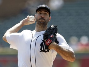Detroit Tigers starting pitcher Justin Verlander throws during the first inning of a baseball game against the Los Angeles Dodgers, Sunday, Aug. 20, 2017, in Detroit. (AP Photo/Carlos Osorio)
