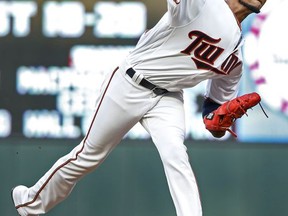 Minnesota Twins starting pitcher Ervin Santana throws to the Milwaukee Brewers in the second inning of a baseball game Monday, Aug. 7, 2017, in Minneapolis. (AP Photo/Bruce Kluckhohn)