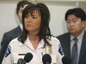 FILE - In this March 30, 2016, file photo, Minneapolis Police Chief Janee Harteau speaks at a news conference, in Minneapolis. In an interview aired Wednesday, Aug. 9, 2017, the former police chief said that she did everything she could to rush home from a hiking trip in Colorado last month after one of her officers killed an Australian woman who had called 911 to report a possible sexual assault. It was her first interview since her resignation. (Elizabeth Flores /Star Tribune via AP, File)