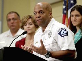 FILE - In this July 26, 2017, file photo, Acting Police Chief Medaria Arradondo speaks at a news conference in Minneapolis. City Council members voted unanimously Friday, Aug. 18, 2017, to confirm Arradondo as the city's new police chief after his predecessor was ousted following an officer's fatal shooting of a 911 caller. Arradondo replaces Janee Harteau, who resigned at Mayor Betsy Hodges' request following the July 15 shooting of Justine Damond. (David Joles /Star Tribune via AP, File)