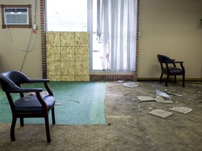 Debris is scattered around a room inside the Dar Al Farooq Islamic Center, in Bloomington, Minn., on Sunday, Aug. 6, 2017. An explosion damaged the room and shattered windows as worshippers prepared for morning prayers early Saturday. (Courtney Pedroza/Star Tribune via AP)
