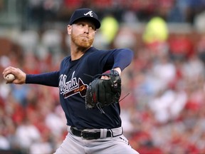 Atlanta Braves starting pitcher Mike Foltynewicz throws during the first inning of the team's baseball game against the St. Louis Cardinals on Friday, Aug. 11, 2017, in St. Louis. (AP Photo/Jeff Roberson)