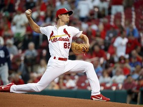 St. Louis Cardinals starting pitcher Luke Weaver throws during the first inning of a baseball game against the San Diego Padres on Wednesday, Aug. 23, 2017, in St. Louis. (AP Photo/Jeff Roberson)