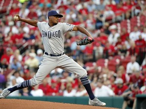 San Diego Padres starting pitcher Luis Perdomo throws during the first inning of a baseball game against the St. Louis Cardinals on Thursday, Aug. 24, 2017, in St. Louis. (AP Photo/Jeff Roberson)