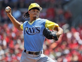Tampa Bay Rays starting pitcher Chris Archer throws during the first inning of a baseball game against the St. Louis Cardinals, Sunday, Aug. 27, 2017, in St. Louis. (AP Photo/Jeff Roberson)