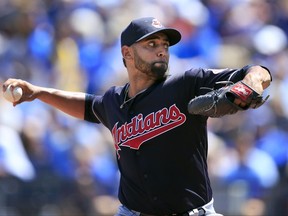 Cleveland Indians starting pitcher Danny Salazar delivers to a Kansas City Royals batter during the first inning of a baseball game at Kauffman Stadium in Kansas City, Mo., Sunday, Aug. 20, 2017. (AP Photo/Orlin Wagner)