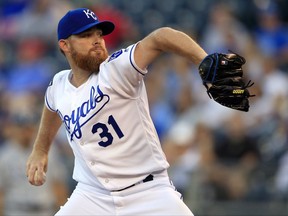 Kansas City Royals starting pitcher Ian Kennedy delivers to a Tampa Bay Rays batter during the first inning of a baseball game at Kauffman Stadium in Kansas City, Mo., Monday, Aug. 28, 2017. (AP Photo/Orlin Wagner)