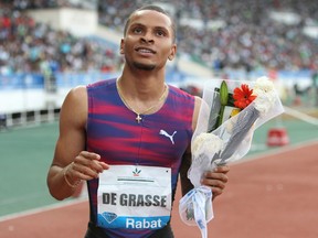 Andre De Grasse celebrates his 200-metre Diamond League victory in Rabat, Morocco, on July 16.