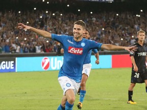 Napoli's Jorginho celebrates after scoring during a Champions League playoff round, first leg soccer match between Napoli and Nice at San Paolo stadium in Naples, Wednesday, Aug. 16, 2017. (Cesare Abbate/ANSA Via AP)