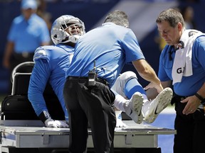 Detroit Lions defensive end Kerry Hyder is taken off the field after being injured during the first half of an NFL preseason football game against the Indianapolis Colts, Sunday, Aug. 13, 2017, in Indianapolis. (AP Photo/Darron Cummings)