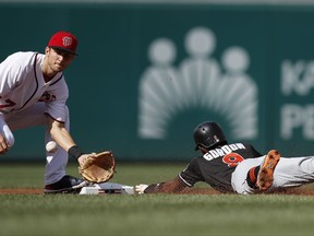 Washington Nationals shortstop Trea Turner catches the ball, thrown by Nationals catcher Jose Libation, to get Miami Marlins' Dee Gordon out at second base during a failed steal attempt in first inning of a baseball game at Nationals Park, Wednesday, Aug. 30, 2017, in Washington. (AP Photo/Pablo Martinez Monsivais)