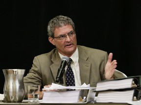 Jon Schmidt, a consultant for pipeline builder TransCanada, answers a question during a hearing Tuesday, Aug. 8, 2017,  before the Nebraska Public Service Commission in Lincoln, Neb. Omaha attorney Brian Jorde had asked Schmidt why the company hadn't proposed running the new Keystone XL pipeline along the original Keystone pipeline, which was finished in 2010. The Nebraska Public Service Commission is on Day 2 of a five-day public hearing to decide whether to approve the Keystone XL pipeline which would transport oil from tar sands deposits in Alberta, Canada, across Montana and South Dakota to Nebraska. (AP Photo/Nati Harnik)