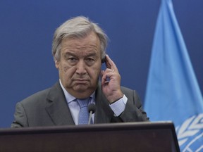 U.N. Secretary-General Antonio Guterres attends a joint press conference with Palestinian Prime Minister Rami Hamdallah, following their meeting at the Prime Minister's Office, in the West Bank city of Ramallah, Tuesday, Aug. 29, 2017. (AP Photo/Nasser Nasser)