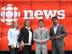 Adrienne Arsenault, Rosemary Barton, Andrew Chang and Ian Hanomansing (left to right) are named the new hosts of "The National," at a news conference in Toronto, Tuesday, Aug.1, 2017. THE CANADIAN PRESS/Nathan Denette