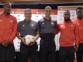Captain Atiba Hutchinson (left to right), coach Octavio Zambrano, assistant coach Paul Stalteri, Junior Hoilett and Alphonso Davies attend a Canada Soccer Association news conference in Toronto, Thursday, Aug.31, 2017, ahead of Saturday's friendly with Jamaica at BMO Field. THE CANADIAN PRESS/Neil Davidson