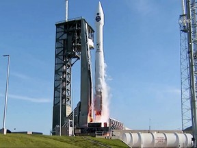 In this photo taken from video provided by NASA, Atlas V rocket liftoff from from Cape Canaveral, Fla., Friday, Aug. 18, 2017.  NASA launched the last of its longtime tracking and communication satellites on Friday, a vital link to astronauts in orbit as well as the Hubble Space Telescope.  The end of the era came with a morning liftoff of TDRS-M, the 13th in the venerable Tracking and Data Relay Satellite network. It rode toward orbit aboard an unmanned Atlas V rocket. (NASA via AP)