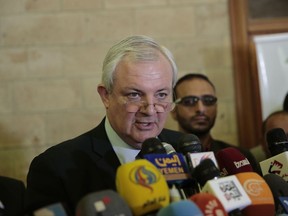 FILE - In this March 2, 2017 file photo, Stephen O'Brien, under-secretary-general and emergency relief coordinator for the United Nations Office for the Coordination of Humanitarian Affairs, speaks to journalists during a news  conference at the airport in Sanaa, Yemen. O'Brien said on Tuesday, Aug. 22, the growing need for food, medicine and shelter is far outstripping the increased generosity of donors, especially as a result of conflicts around the world.  O''Brien is stepping down as undersecretary-general for humanitarian affairs and the world body's emergency relief coordinator on Aug. 31.  (AP Photo/Hani Mohammed, File)
