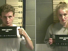 In this photo combo, from left, Jacob Flanagan, 20, and Talicia Martins, 21, of New York City, are shown in booking photos released by the Camden Police Department after their arrests on Aug. 3 and Aug. 4, 2017.  The two are charged with breaking into three businesses in Camden, Maine. Martins is the socialite daughter of two world-famous New York ballet dancers. (Camden Police Department via AP)