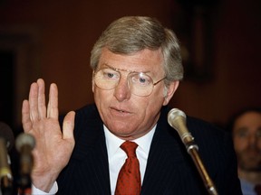 FILE - In this June 19, 1985 file photo, Texas Gov. Mark White gestures while speaking before the environment and public works in Washington. Former Texas Gov. Mark White, a Democrat who championed public education reforms, including the landmark "no-pass, no-play" policy for high school athletes, has died, Saturday, Aug. 5, 2017. He was 77. (AP Photo/Lana Harris, File)