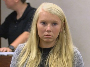 In this Friday, July 21, 2017 file photo, Brooke Skylar Richardson makes her first court appearance in Franklin Municipal Court in Franklin, Ohio. A prosecutor says Skylar whose newborn infant's remains were found buried outside her home in southwest Ohio has been indicted on charges of aggravated murder and other offenses.Warren County Prosecutor David Fornshell says a grand jury Friday, Aug. 4, 2017 also indicted Brooke Skylar Richardson on charges of involuntary manslaughter, child endangering, tampering with evidence and gross abuse of a corpse in the May death. (FOX19 NOW/Michael Buckingham via AP, File)