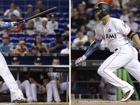 FILE - In these file photos, at left, Miami Marlins' Giancarlo Stanton hits a single against the San Francisco Giants during the first inning of a baseball game Tuesday, Aug. 15, 2017, in Miami and at right, Stanton singles against the Giants during the fourth inning Monday, Aug. 14, 2017 in Miami. While on a home run binge, Stanton is also smacking singles at the best rate of his career. (AP Photo/Lynne Sladky, File)