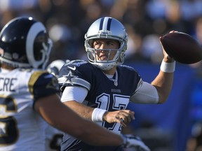 FILe - In this Aug. 12, 2017, file photo, Dallas Cowboys quarterback Kellen Moore throws a pass during the first half of a preseason NFL football game against the Los Angeles Rams, in Los Angeles. Moore's injury a year ago sparked a transformation that turned America's Team into Dak Prescott's team. Now he's healthy again, and the backup quarterback for the Dallas Cowboys again, this time behind Prescott instead of Tony Romo. (AP Photo/Mark J. Terrill, File)