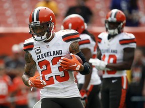 FILE - In this Sunday, Sept. 18, 2016 file photo, Cleveland Browns cornerback Joe Haden practices before an NFL football game against the Baltimore Ravens in Cleveland. Coach Hue Jackson isn't denying a report that the Cleveland Browns are attempting to trade cornerback Joe Haden. Jackson says he wants the two-time Pro Bowler on his defense, but he deferred to Sashi Brown, the team's top front-office executive, to make decisions that help the Browns, Tuesday, Aug. 29, 2017. (AP Photo/Ron Schwane, File)