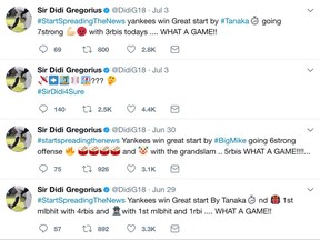 In this image from Twitter, New York Yankees Didi Gregorius creatively used emojis to recap Yankees wins on his Twitter feed. A franchise known for the Babe, the Boss and the Iron Horse has a new set of nicknames. Clown face (Brett Gardner) is in left, bow and arrow (Jacoby Ellsbury) competes for time in center and male judge (medium skin tone) is stationed in right, Aaron Judge, if you haven't figured that out. These monikers are all bestowed by  Gregorius. After wins, the shortstop tweets highlights and praise using emojis for teammates in his own digital hieroglyphs. (Twitter via AP)