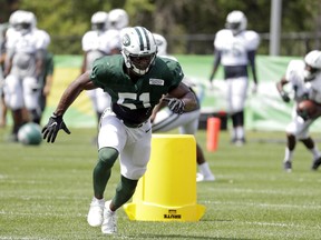 FILE - In this Aug. 4, 2017, file photo, New York Jets inside linebacker Julian Stanford works out during NFL football training camp in Florham Park, N.J. Stanford is used to being an afterthought. He was an undrafted free agent out of Wagner in Staten Island, New York, in 2012 and has since competed his way onto the rosters of four NFL teams while trying to make an impact. With an outstanding summer and a sensational sack in the preseason opener, the linebacker hopes he's found a home with the Jets. (AP Photo/Julio Cortez, File)
