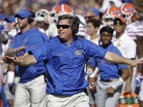 FILE- In this Jan. 2, 2017, file photo, Florida head coach Jim McElwain reacts to a dropped pass by Iowa during the first half of the Outback Bowl NCAA college football game in Tampa, Fla. Even though McElwain became the first coach to make the Southeastern Conference championship game in each of his first two seasons, his approval rating could use a boost. That's mostly because McElwain's offensive numbers have been, well, downright offensive during his time in Gainesville. (AP Photo/Chris O'Meara, File)