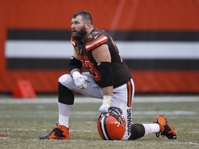 FILE - In this Dec. 24, 2016, file photo, Cleveland Browns tackle Joe Thomas looks on before an NFL football game against the San Diego Chargers in Cleveland. Browns Pro Bowl tackle Joe Thomas hopes the team doesn't rush rookie quarterback DeShone Kizer. Thomas said Wednesday, Aug. 16, 2017, he believes the team is grooming Brock Osweiler to start the season opener on Sept. 10 against the Pittsburgh Steelers. Thomas has been impressed with Kizer, the second-round pick from Notre Dame who had an impressive preseason debut last week, but thinks it will be better for him to begin the season in a backup role. (AP Photo/Ron Schwane, File)