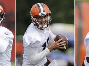FILE - From left are 2017 file photos showing Cleveland Browns quarterbacks Cody Kessler, Brock Osweiler and DeShone Kizer during practice at the NFL football team's training camp in Berea, Ohio. The Browns' three-way quarterback competition moves onto a larger stage as the team conducts a scrimmage at FirstEnergy Stadium, Friday, Aug. 4, 2017. (AP Photo/Tony Dejak, File)