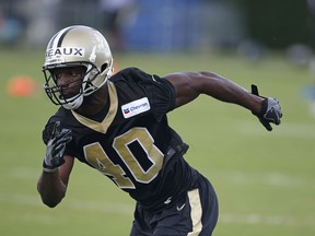 FILE - In this June 15, 2017, file photo, New Orleans Saints cornerback Delvin Breaux (40) goes through drills during NFL football practice in Metairie, La. Saints coach Sean Payton says cornerback Delvin Breaux needs lower-leg surgery that will sideline him about six weeks and that the initial misdiagnosis of Breaux's injury has sparked a shakeup in the team's medical staff. (AP Photo/Gerald Herbert, File)