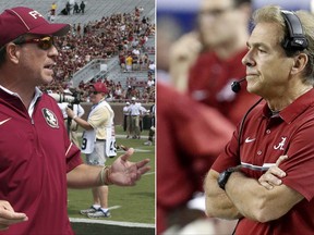 FILE - At left, in a Sept. 10, 2016, file photo, Florida State head coach Jimbo Fisher gestures during an NCAA college football game against Charleston Southern. At right, in a Dec. 3, 2016, file photo, Alabama head coach Nick Saban watches play against Florida during the second half of the Southeastern Conference championship NCAA college football game, in Atlanta. The result of the Alabama-Florida State could be a topic of conversation all season, especially among the College Football Playoff selection committee. (AP Photo/File)