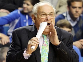 FILE - In this Thursday, Nov. 1, 2012 file photo, Northwood head coach Rollie Massimino shouts instructions to his team during the first half of an NCAA college basketball exhibition game against Kentucky in Lexington, Ky. Rollie Massimino, who led Villanova's storied run to the 1985 NCAA championship and won more than 800 games in his career, died Wednesday, Aug. 30, 2017 after a long battle with cancer. He was 82. (AP Photo/James Crisp, File)