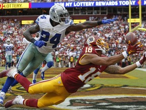 FILE - In this Sept. 18, 2016, file photo, Dallas Cowboys cornerback Morris Claiborne (24) breaks up a pass in the end zone intended for Washington Redskins wide receiver Josh Doctson (18) during the second half of an NFL football game in Landover, Md. After five seasons in Dallas, Claiborne is getting a fresh start with the New York Jets and focused on staying healthy and being a No. 1 cornerback for his new team. (AP Photo/Alex Brandon, File)