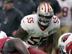 FILE - In this Nov. 13, 2016, file photo, San Francisco 49ers outside linebacker Ahmad Brooks (55) prepares for a play during the team's NFL football game against the Arizona Cardinals in Glendale, Ariz. A person familiar with the discussions says that the Green Bay Packers and free agent linebacker Brooks have agreed to a one-year deal. Brooks was in Green Bay, Wis., on Tuesday, Aug. 30, to visit to the Packers, who need to add depth at outside linebacker behind starters Clay Matthews and Nick Perry. The person spoke to The Associated Press on condition of anonymity because the deal has not been announced. (AP Photo/Rick Scuteri, File)