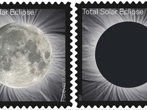 FILE - These undated images provided by the United States Postal Service shows the Total Solar Eclipse Forever stamp. On Monday, Aug. 21, 2017, more than 110 U.S. Postal Service offices in or near the path of totality of the U.S. solar eclipse are offering special postmarks. (USPS via AP, File)